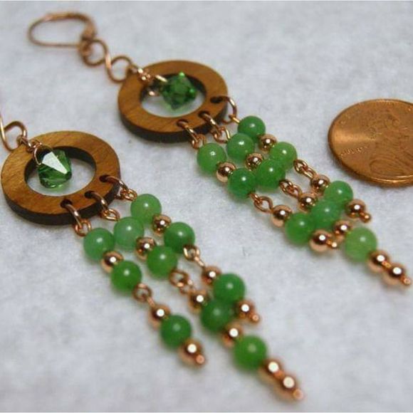 Handmade Green Agate, Copper, & Crystal Chandelier Wooden Dangle Earrings - Picture 4 of 5